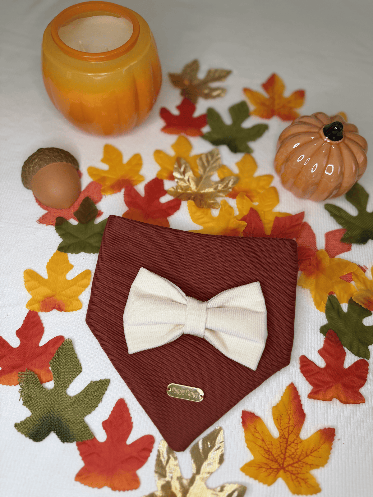 Bandana para perro Autumn Love de Happy Puppy Bandanas en color vino con bow tie blanco, vista frontal sobre hojas de otono