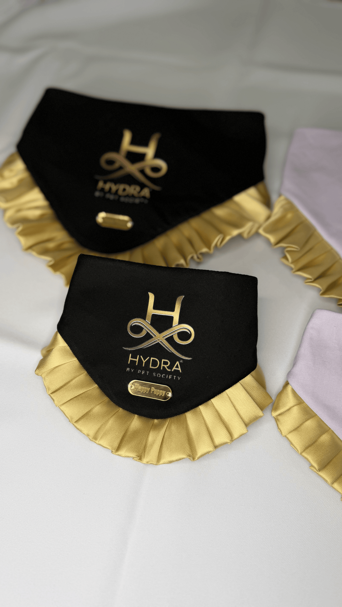 Bandana para perro negra personalizada con logo corporativo dorado y volante dorado, de la linea Bandanas con logos personalizadas de Happy Puppy Bandanas